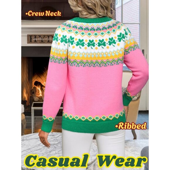 Womens Fair Isle Christmas Sweater Lucky Clover Pattern Chunky Knit Holiday Pull - Picture 4 of 7